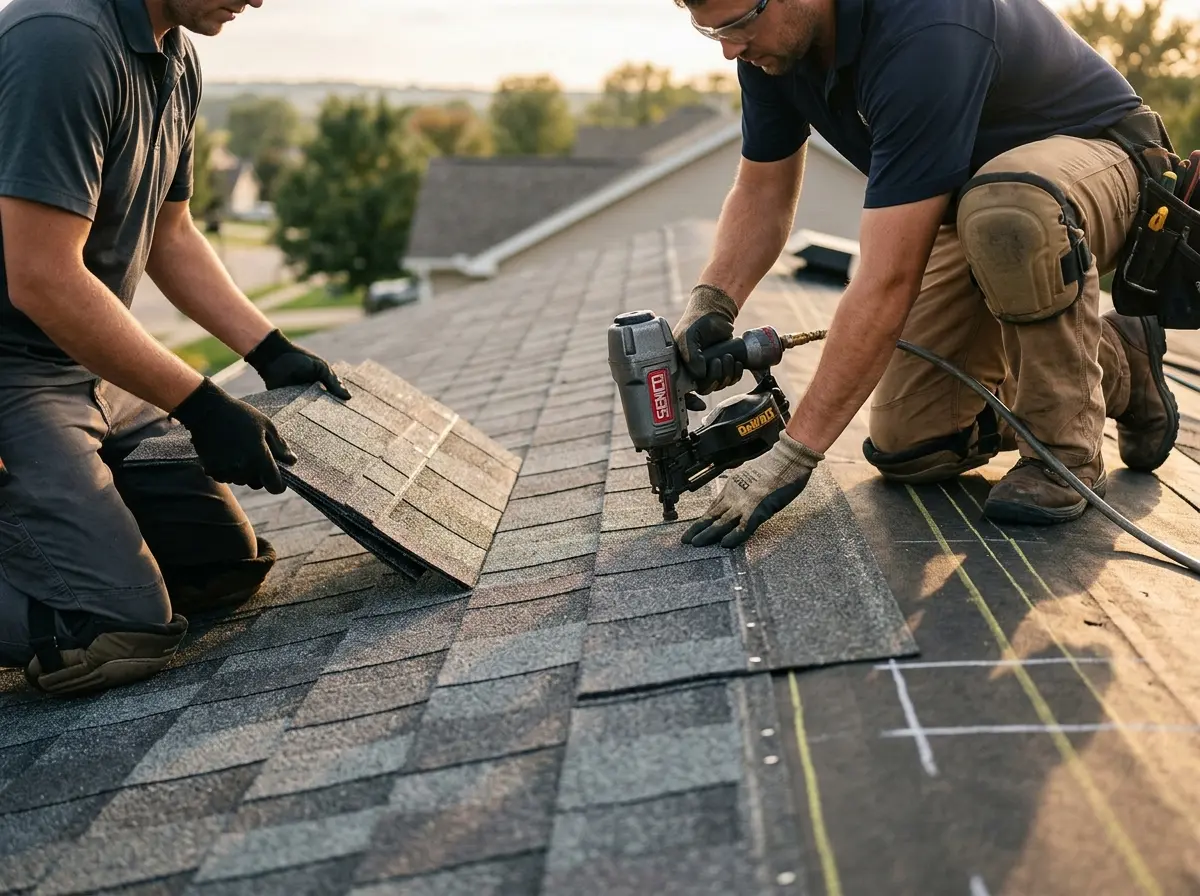 Professional roofer working on a residential roof in Grandville